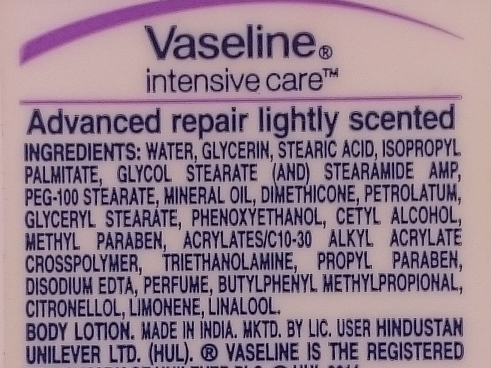 Vaseline Intensive Care Advanced Repair Non Greasy Body Lotion ingredients
