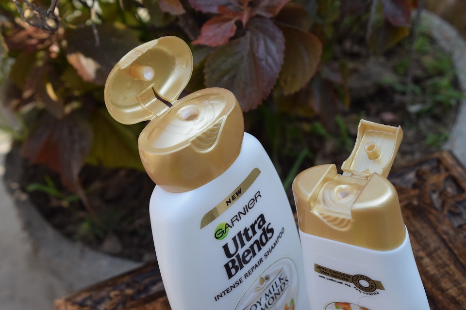 Garnier Ultra Blends Soy Milk & Almonds Intense Repair Shampoo & Conditioner packaging