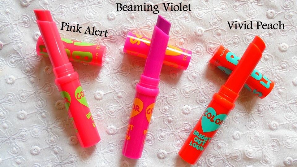 3Maybelline Baby Lips Bright Out Loud! Lip Balm Pink Alert, Vivid Peach & Beaming Violet