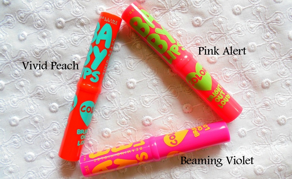 Maybelline Baby Lips Bright Out Loud! Lip Balm Pink Alert, Vivid Peach & Beaming Violet (2)