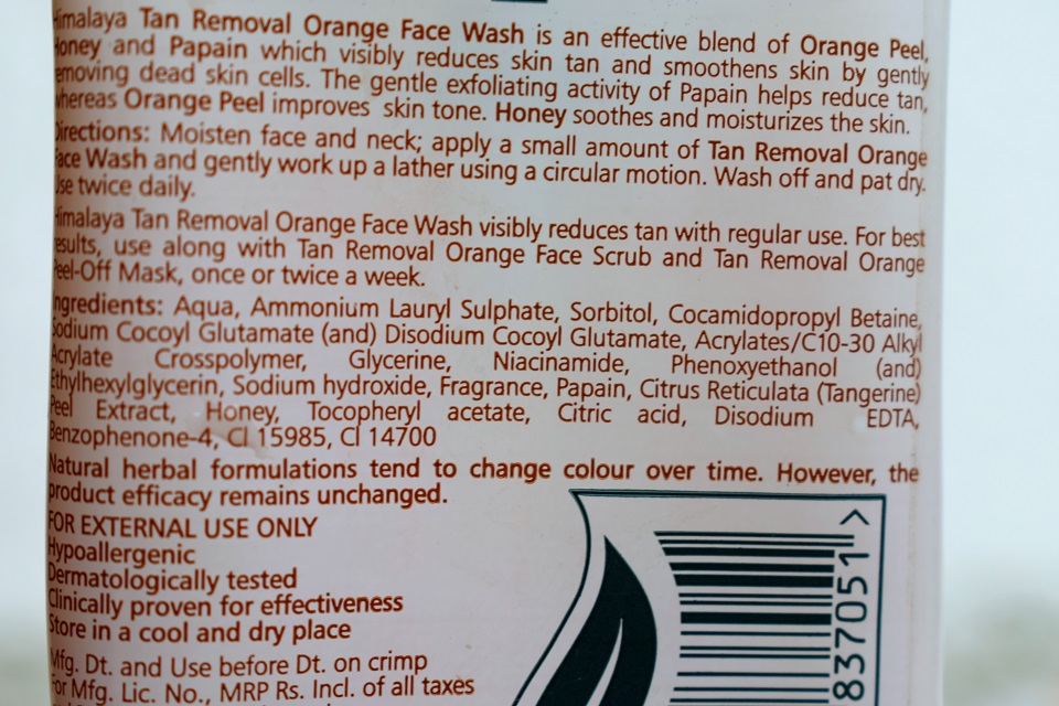 Himalaya Herbals Tan Removal Orange Face Wash Information