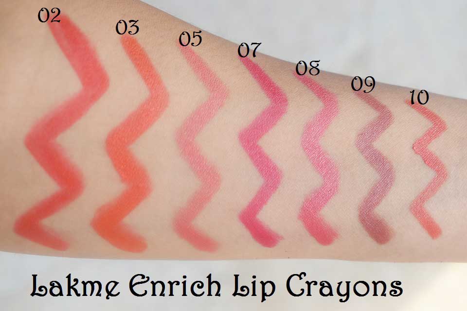 Lakme Enrich Lip Crayon - 02 Red Stop, 03 Candid Coral, 05 Peach Magnet, 07 Shocking Pink, 08 Baby Pink, 09 Cinnamon Brown, 10 Blushing Pink- Swatch