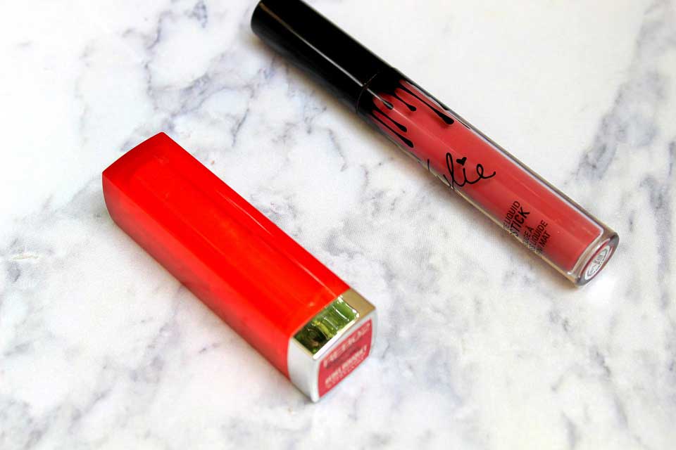 Kylie Matte Liquid Lipstick in Posie K & Maybelline REB 02 lipstick