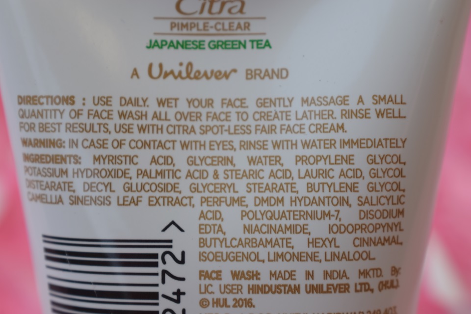 Citra Pimple Clear Face Wash - Ingredients