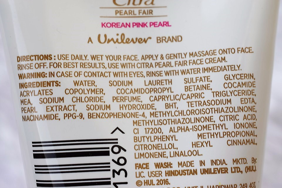 Citra Pearl Fair Face Wash - Ingredients