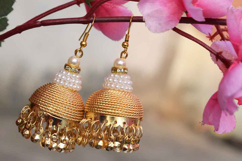 Gold Colored Jhumkas With White Beads