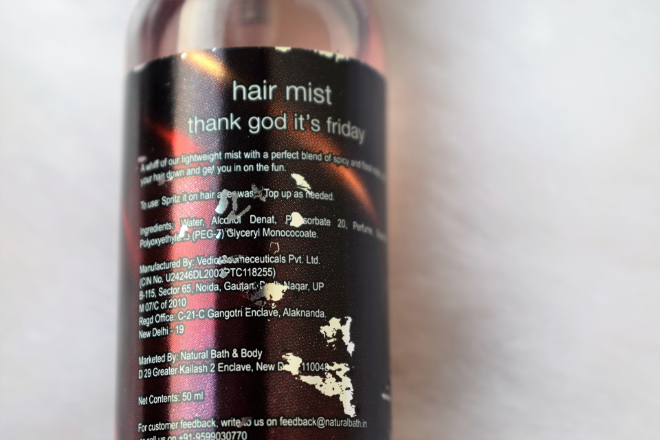 Natural Bath & Body Thank God It's Friday Hair Mist Ingredients