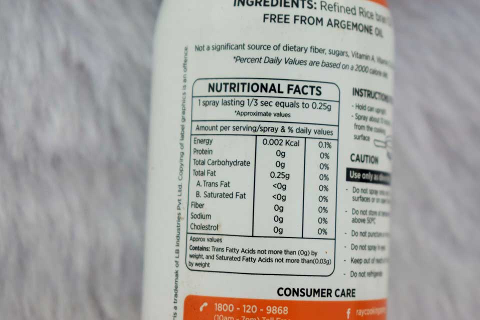 RAY Cooking Spray Nutritional Facts