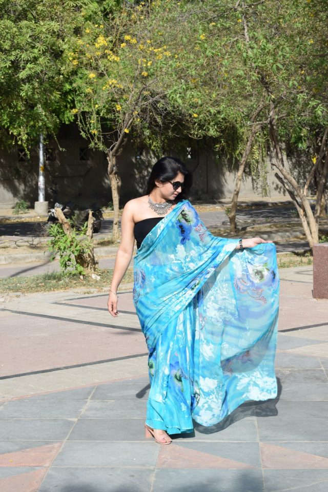 Blue Saree With A Black Tube Top