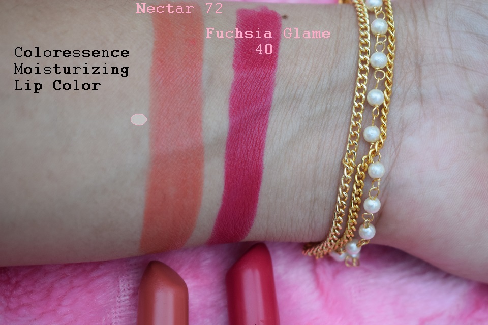 Coloressence Moisturizing Lipstick in Fuchsia Glame 40 , Nectar 72 Swatches