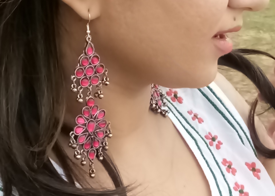 Magenta & Silver Noor Earrings - Semi Precious Gemstone Online