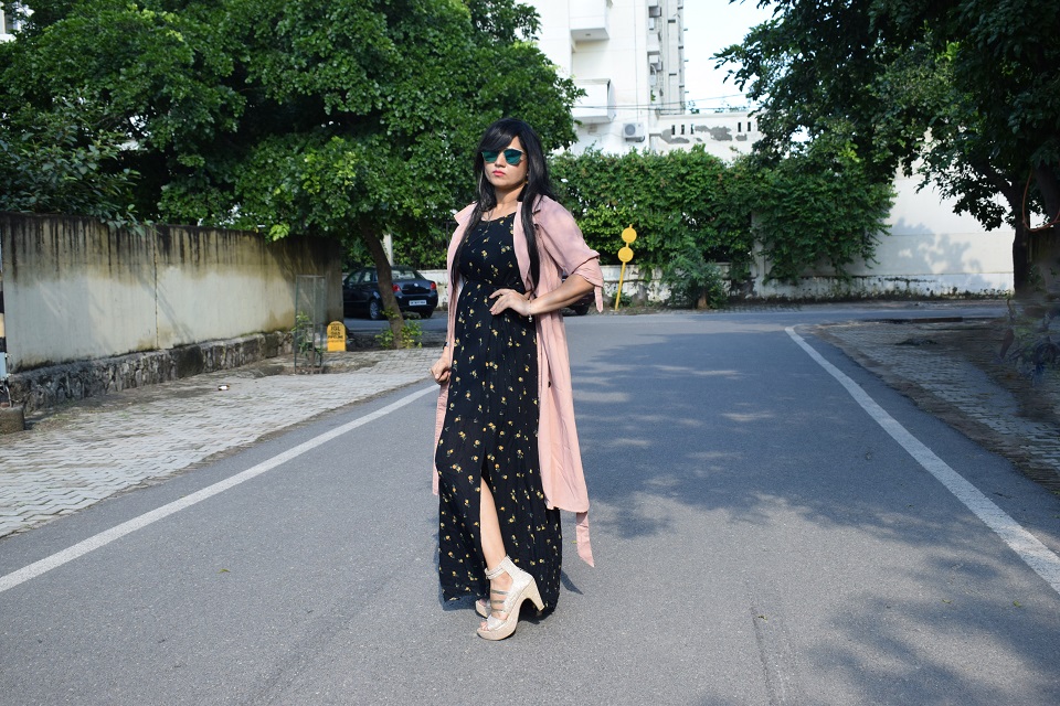 Coordinate a maxi dress and a trench coat dress.