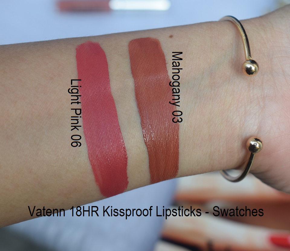 Vatenn 18HR Kissproof Lipsticks - Mahogany 03, Light Pink 06 Swatches