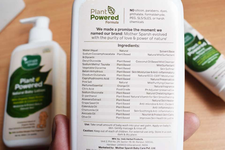 Mother Sparsh Plant Powered Baby Wash Ingredients